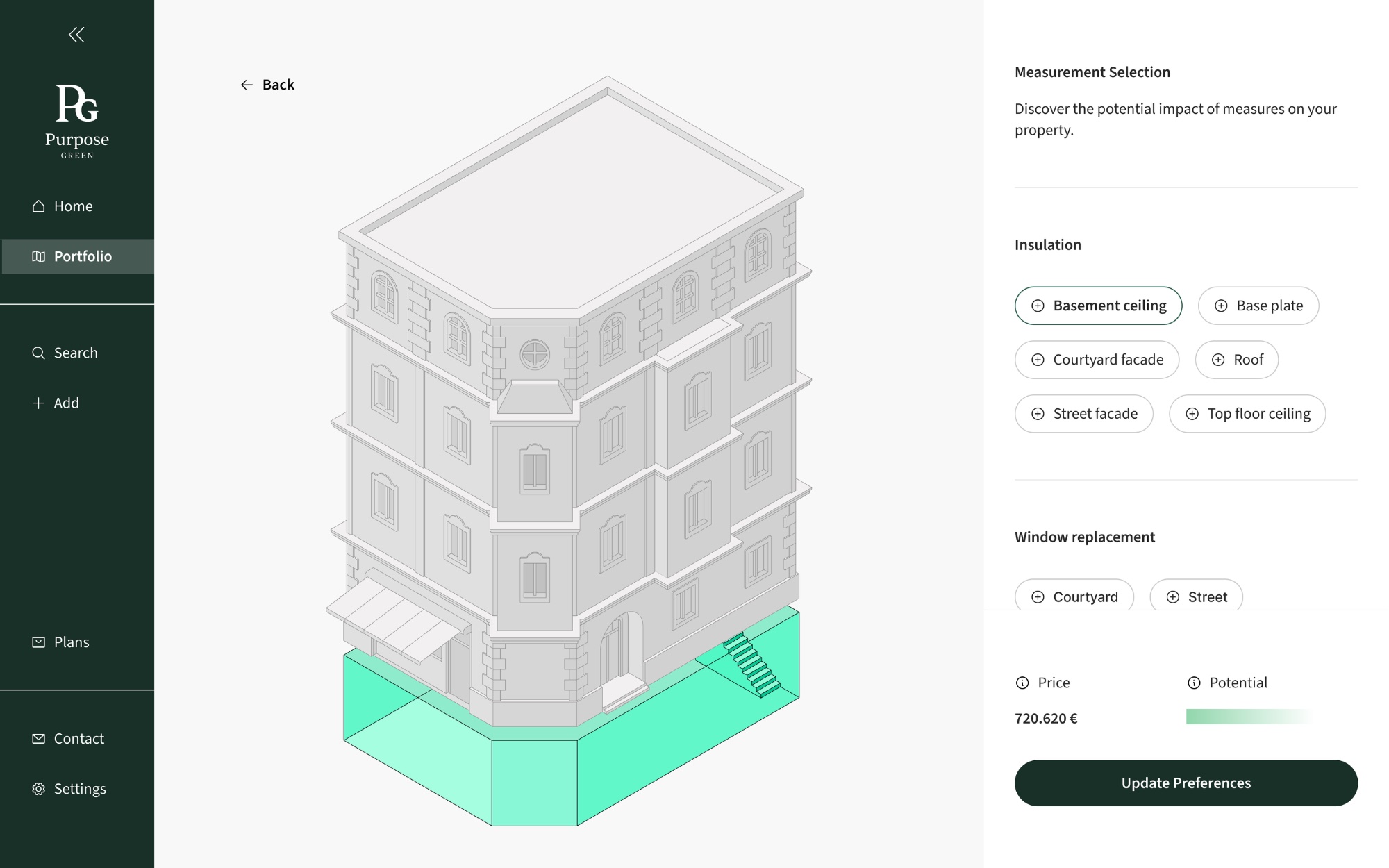 V0. early concept exploring the 3D building as an interactive way to select renovation measures
