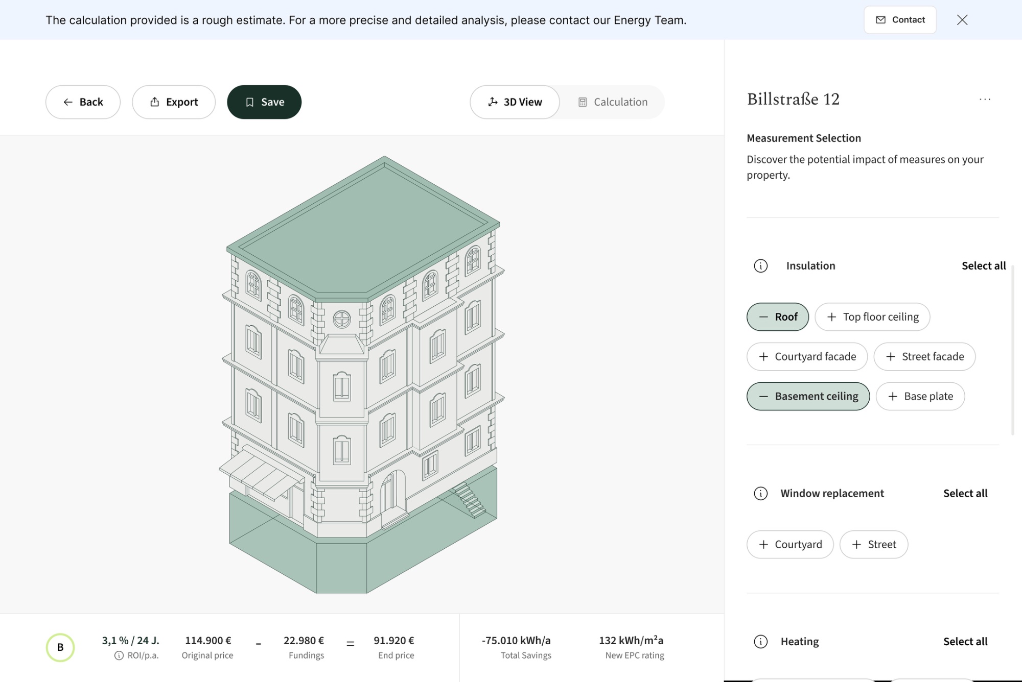 V1. first shipped configurator inside the property detail page, with cost and energy impact shown per measure