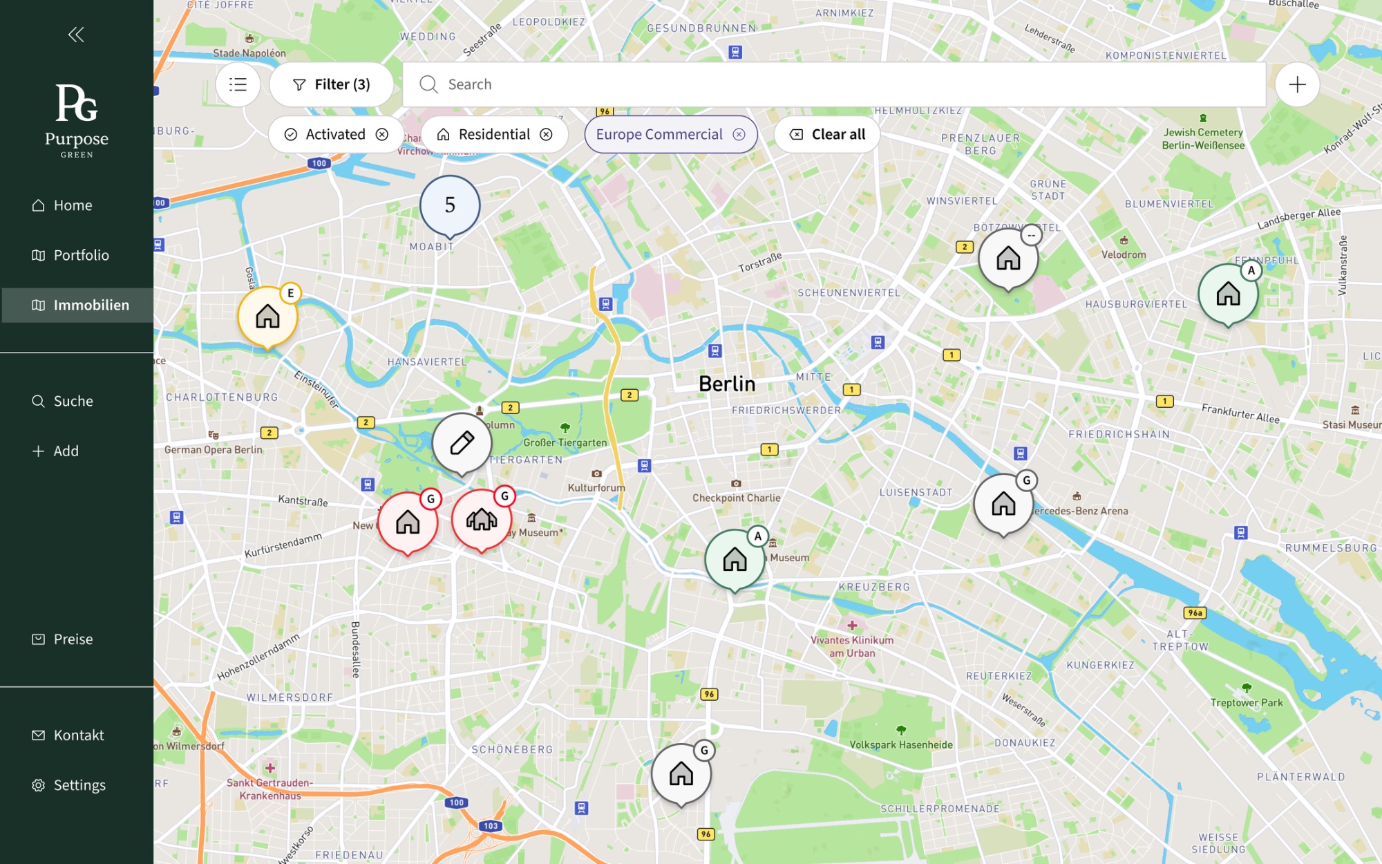 The portal's live map view - property pins with no health signals or prioritization
